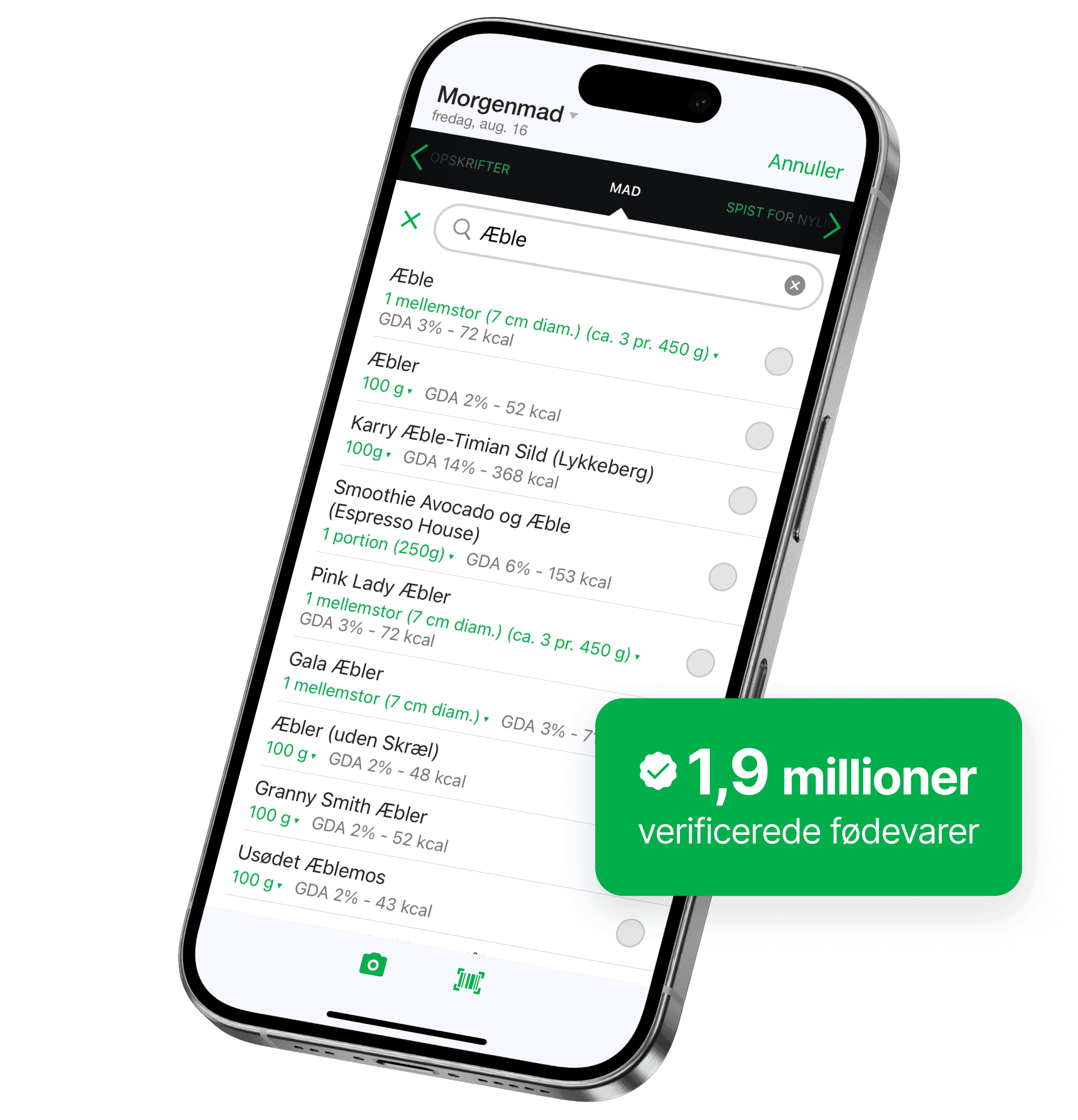 En smartphoneskærm viser fatsecret-appens mad-søgefunktion med søgeresultater for "Æble" og næringsoplysninger som portionsstørrelse og kalorier. Et grønt mærke fremhæver "1,9M verificerede fødevarer".