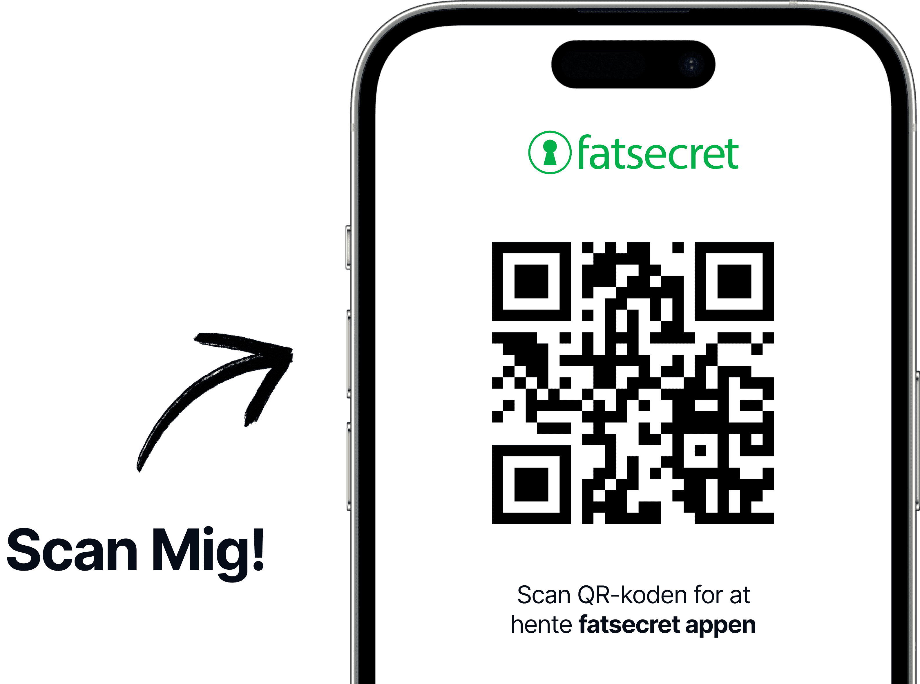 Smartphone-skærm med en QR-kode og fatsecret-logoet ovenover, samt en tekst der opfordrer brugeren til at scanne koden for at hente fatsecret-appen.