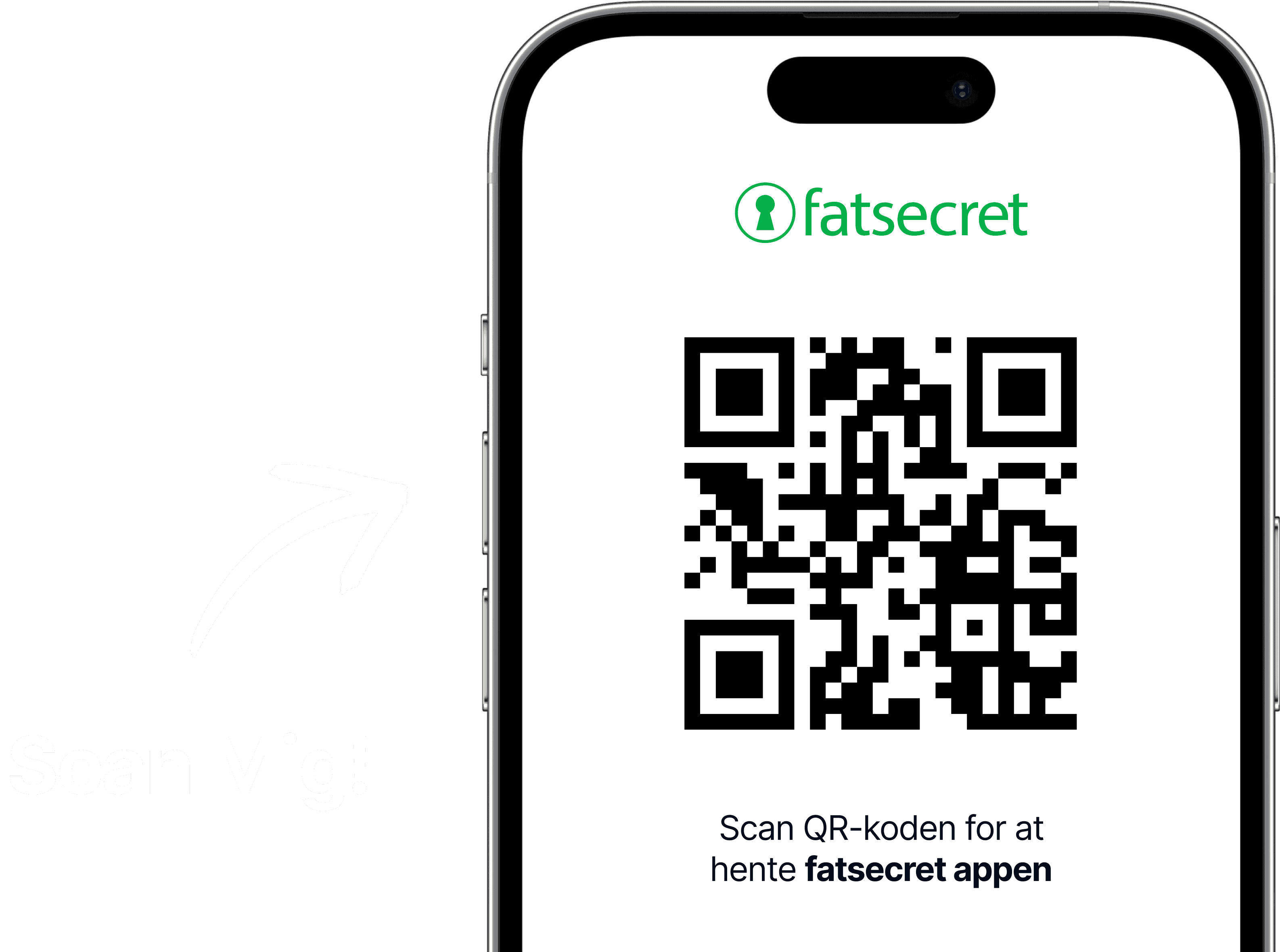 Smartphone-skærm med en QR-kode og fatsecret-logoet ovenover, samt en tekst der opfordrer brugeren til at scanne koden for at hente fatsecret-appen.