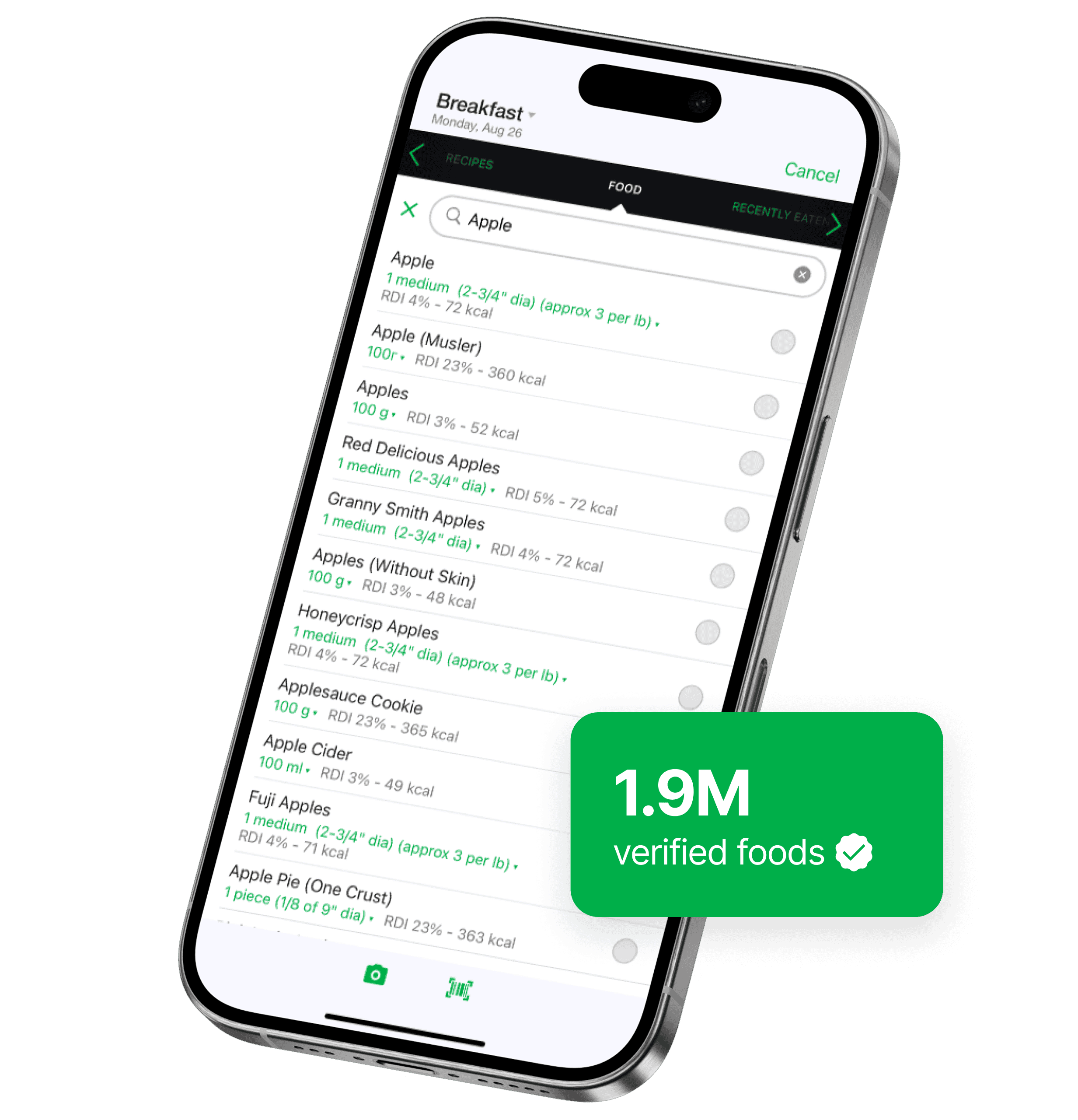 A smartphone screen showing the fatsecret app’s food search feature, displaying results for "Apple" with nutrition information like serving size and calories. A green badge highlights “1.9M verified foods.”