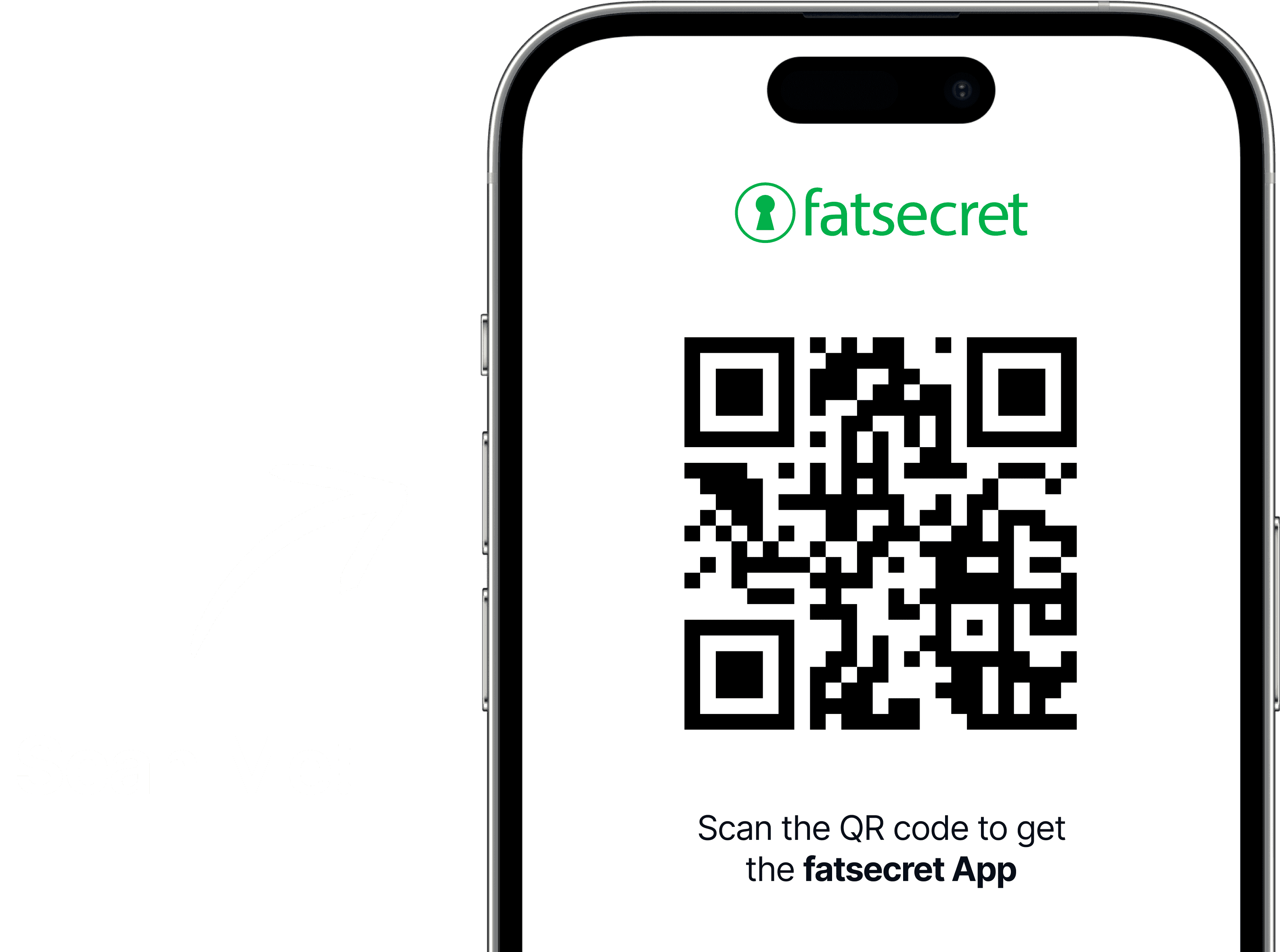 Smartphone screen displaying a QR code with the fatsecret logo above it and text prompting users to scan the code to get the fatsecret app.
