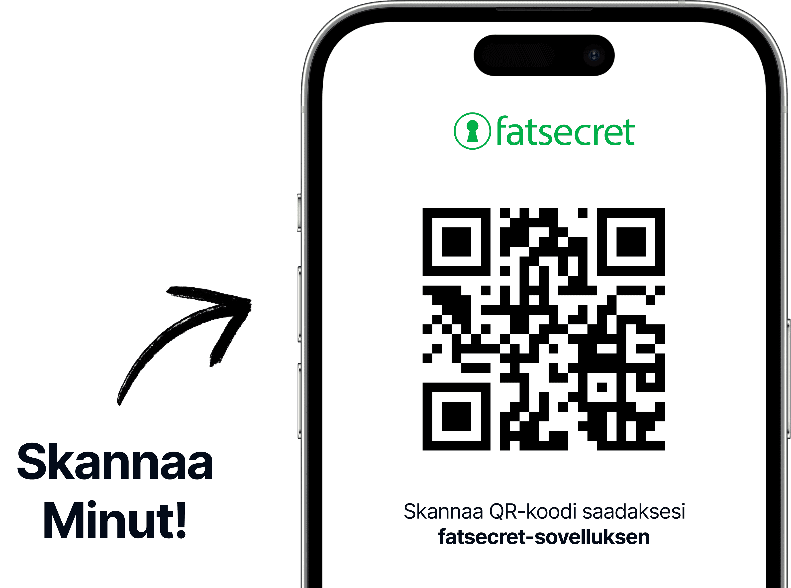 Älypuhelimen näyttö, jossa QR-koodi ja sen yläpuolella fatsecret-logo sekä teksti, joka kehottaa skannaamaan koodin saadaksesi fatsecret-sovelluksen.