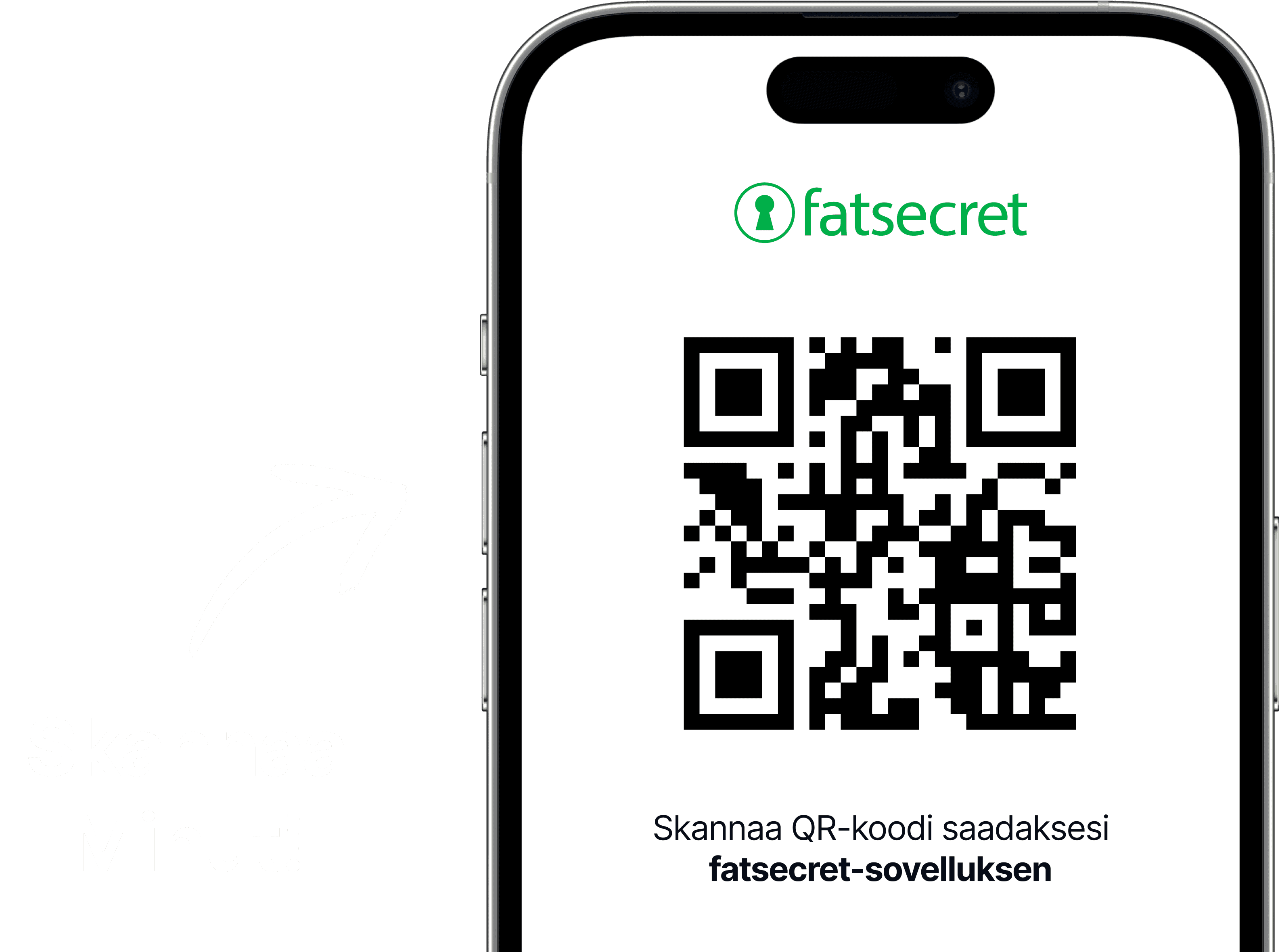 Älypuhelimen näyttö, jossa QR-koodi ja sen yläpuolella fatsecret-logo sekä teksti, joka kehottaa skannaamaan koodin saadaksesi fatsecret-sovelluksen.