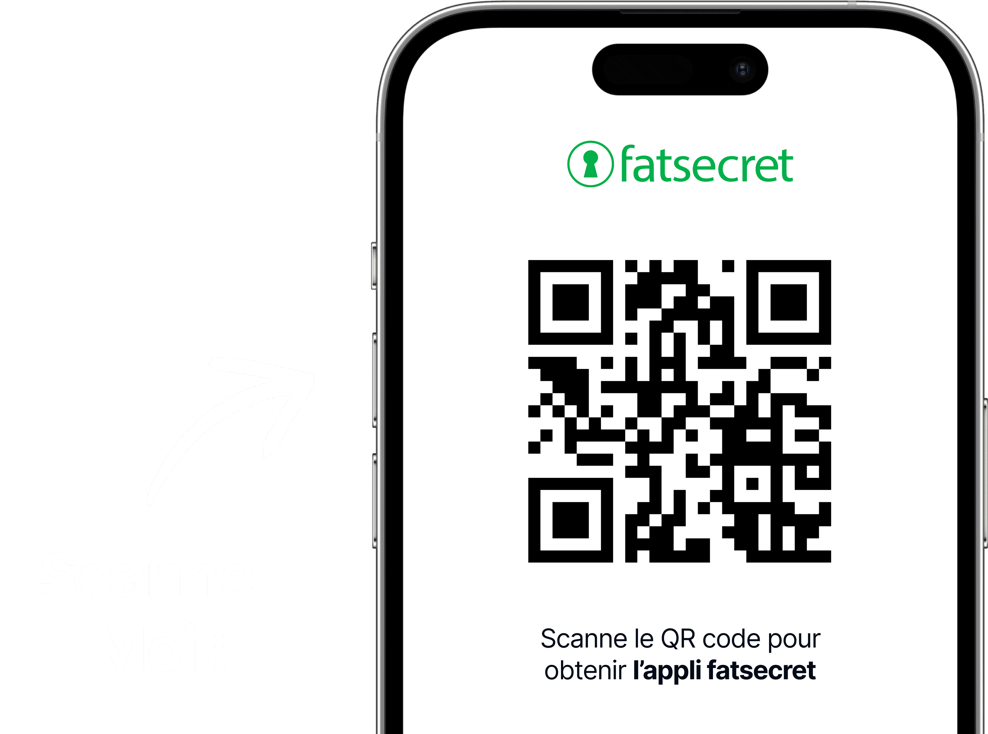 Écran de smartphone affichant un code QR avec le logo fatsecret au-dessus et un texte invitant à scanner le code pour obtenir l’app fatsecret.