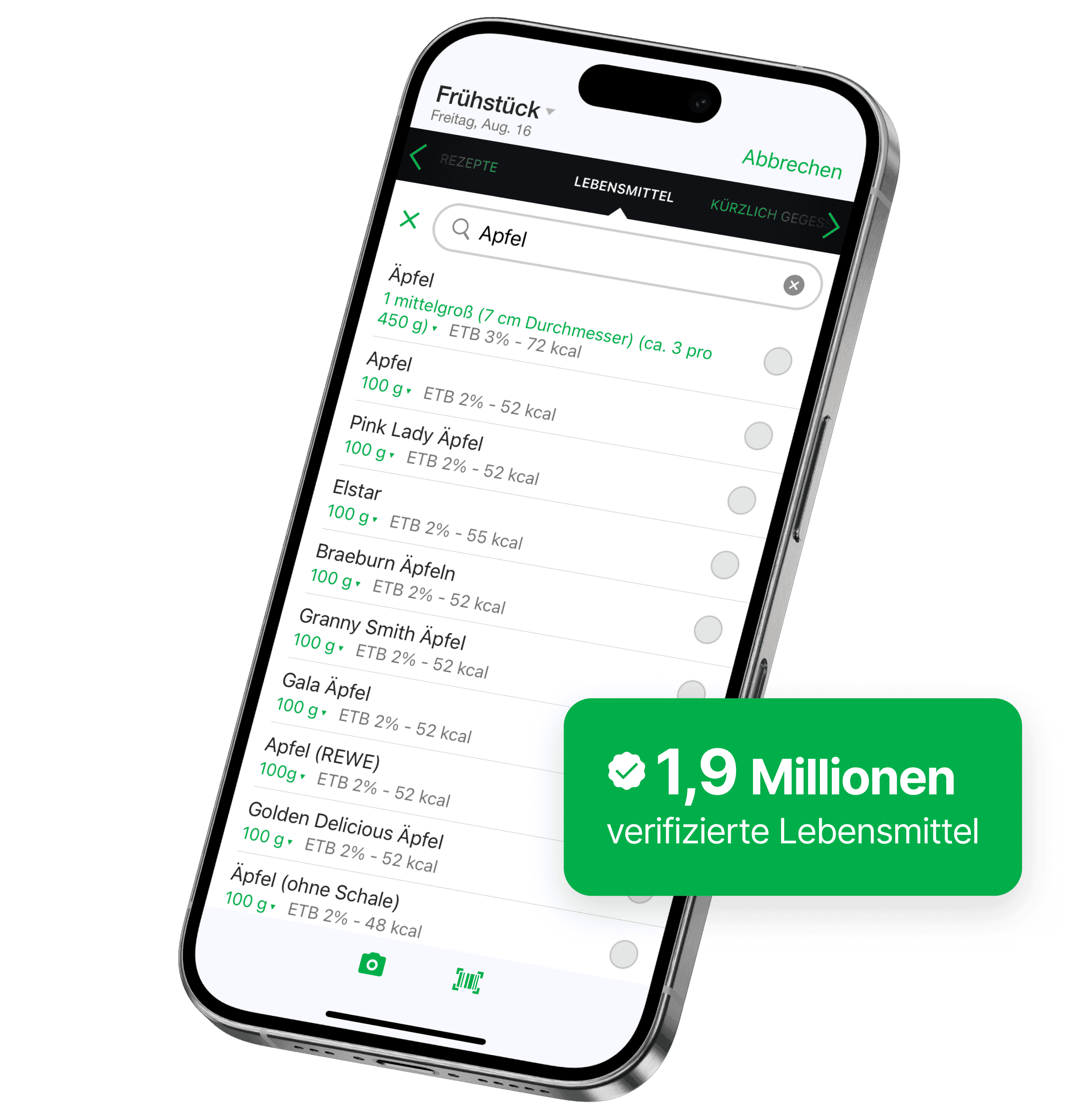 Ein Smartphone-Bildschirm zeigt die Lebensmittelsuche der fatsecret App mit Ergebnissen für „Apfel“ und Nährwertinformationen wie Portionsgröße und Kalorien. Ein grünes Abzeichen hebt „1,9 Mio. verifizierte Lebensmittel“ hervor.