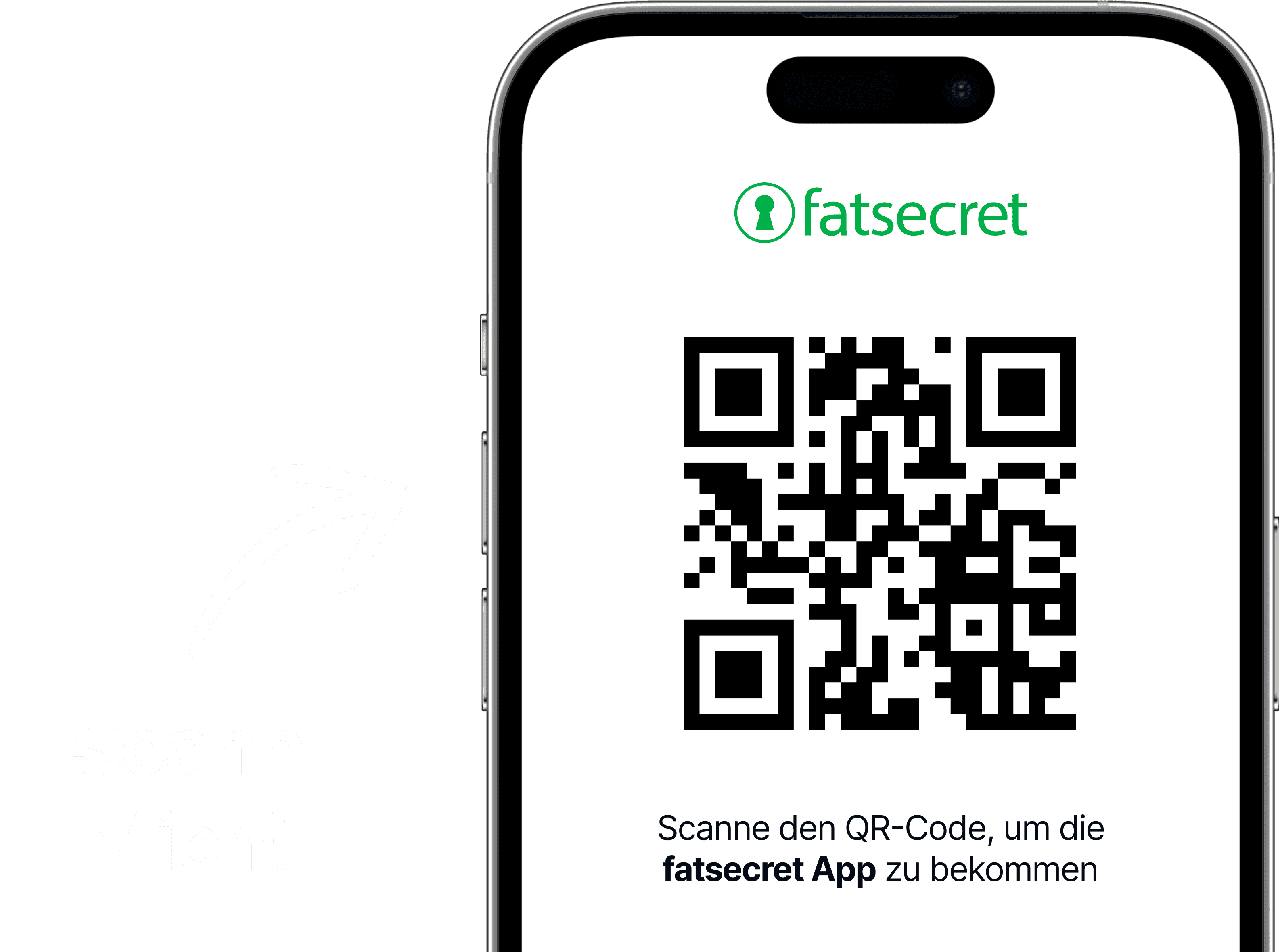 Smartphone-Bildschirm mit einem QR-Code und dem fatsecret-Logo darüber, plus Text, der dazu auffordert, den Code zu scannen, um die fatsecret-App zu bekommen.