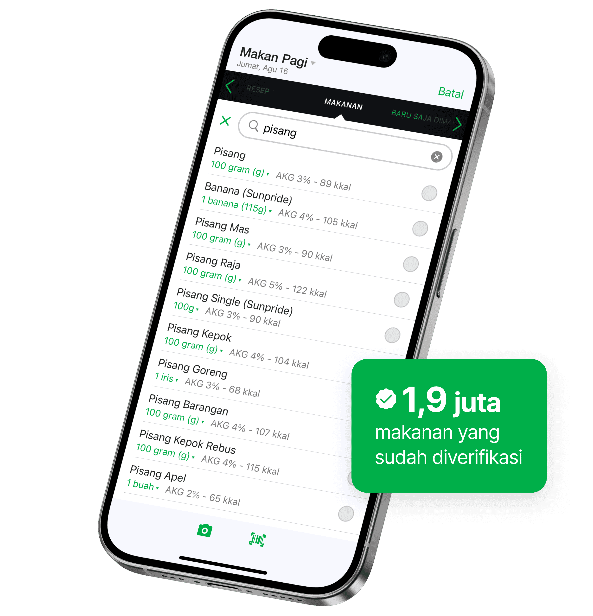 Layar ponsel menunjukkan fitur pencarian makanan di aplikasi fatsecret, menampilkan hasil untuk "Apel" dengan info nutrisi seperti porsi dan kalori. Lencana hijau menyoroti "1,9 juta makanan terverifikasi".