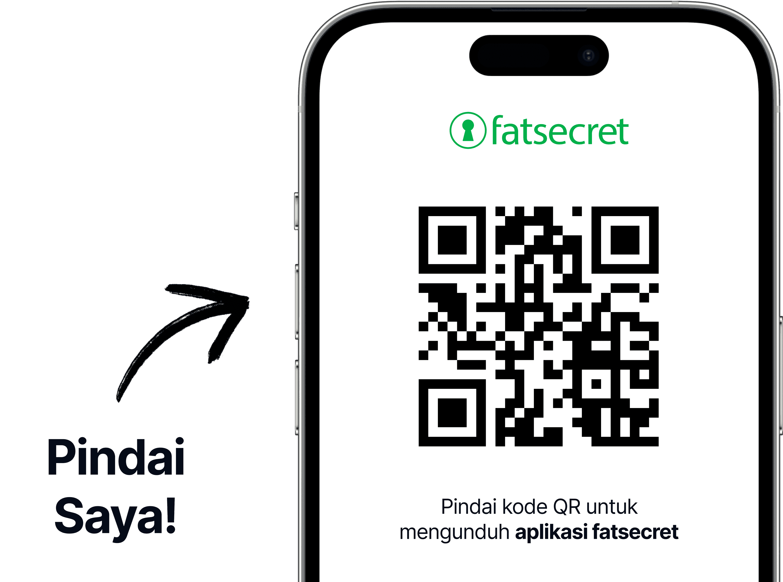 "Layar ponsel yang menampilkan kode QR dengan logo fatsecret di atasnya dan teks yang mengajak pengguna memindai kode untuk mendapatkan aplikasi fatsecret "