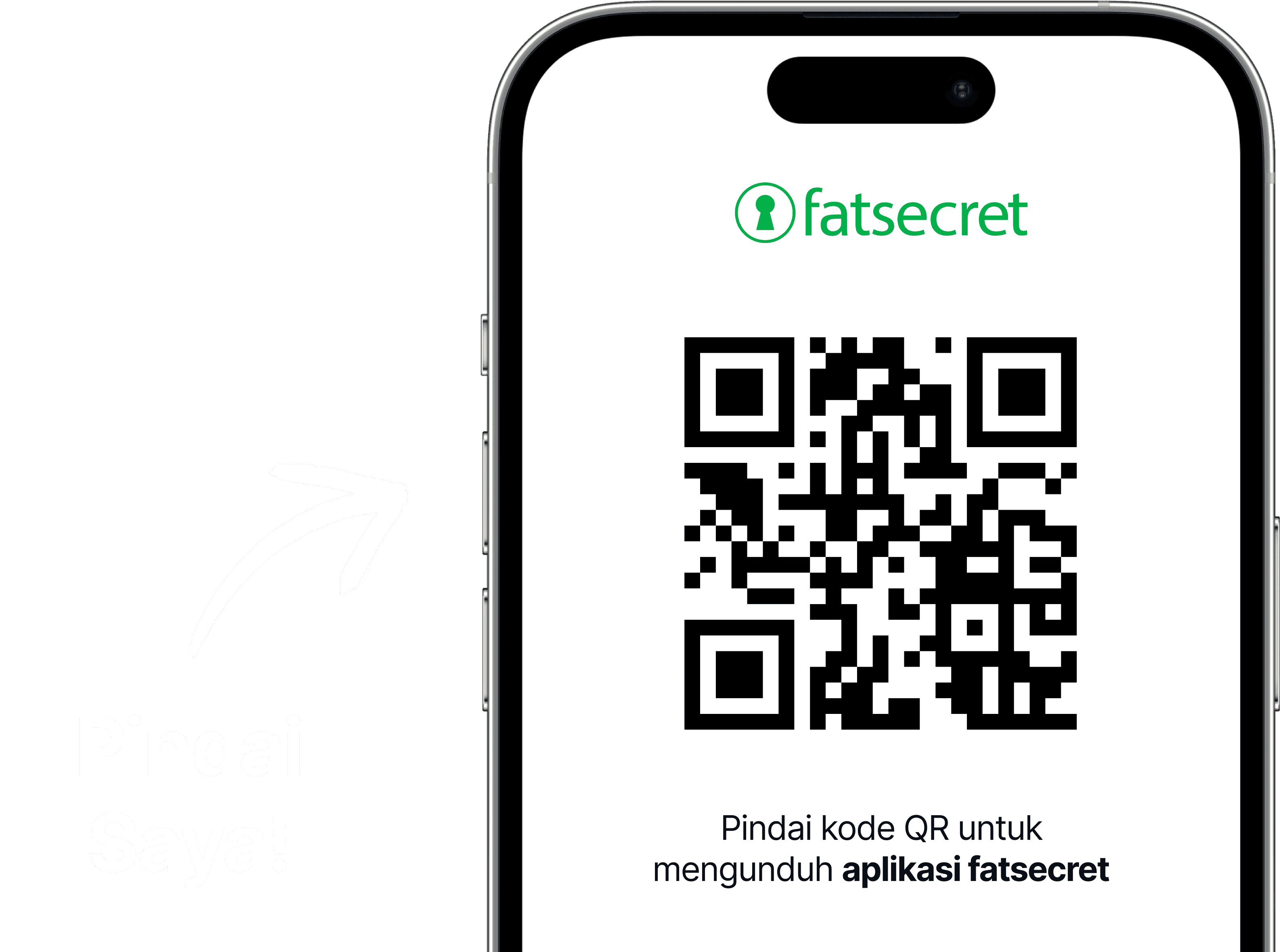"Layar ponsel yang menampilkan kode QR dengan logo fatsecret di atasnya dan teks yang mengajak pengguna memindai kode untuk mendapatkan aplikasi fatsecret "