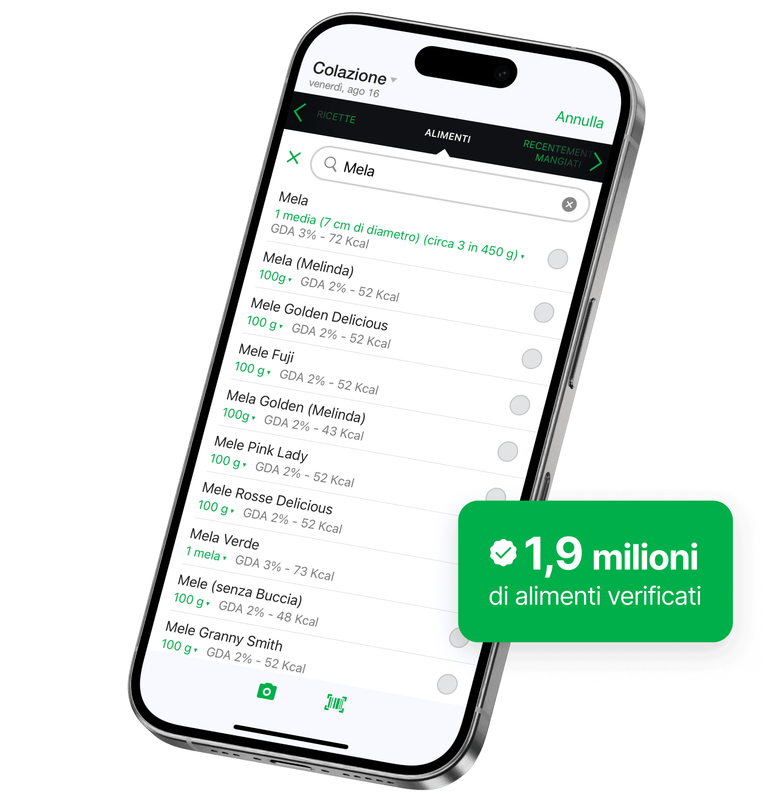 Schermata di uno smartphone che mostra la funzione di ricerca alimenti dell’app fatsecret, con risultati per "Mela" e informazioni nutrizionali come porzione e calorie. Un badge verde evidenzia "1,9 milioni di alimenti verificati".