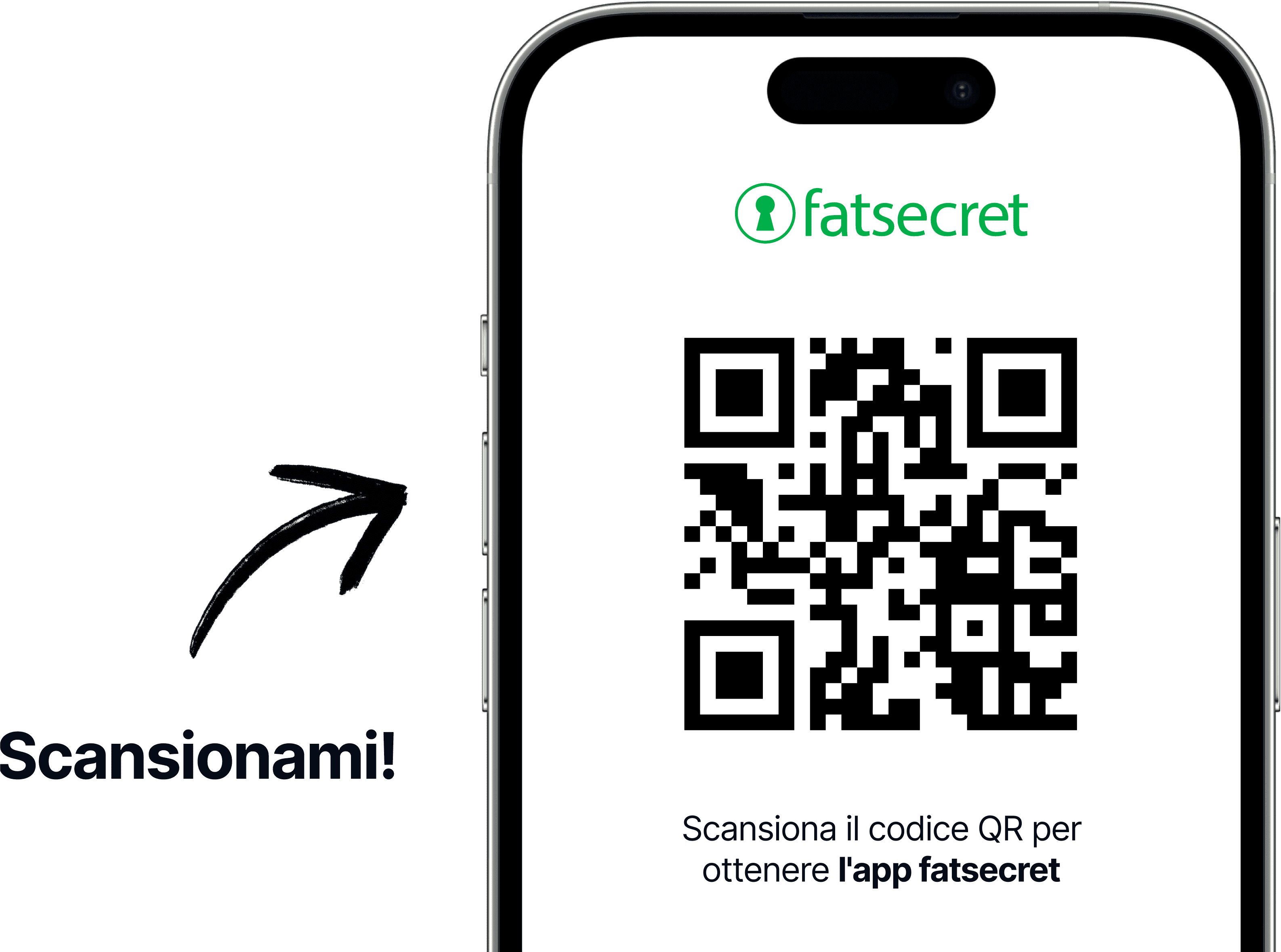 Schermo di uno smartphone che mostra un codice QR con il logo di fatsecret sopra e un testo che invita a scansionare il codice per scaricare l’app di fatsecret.