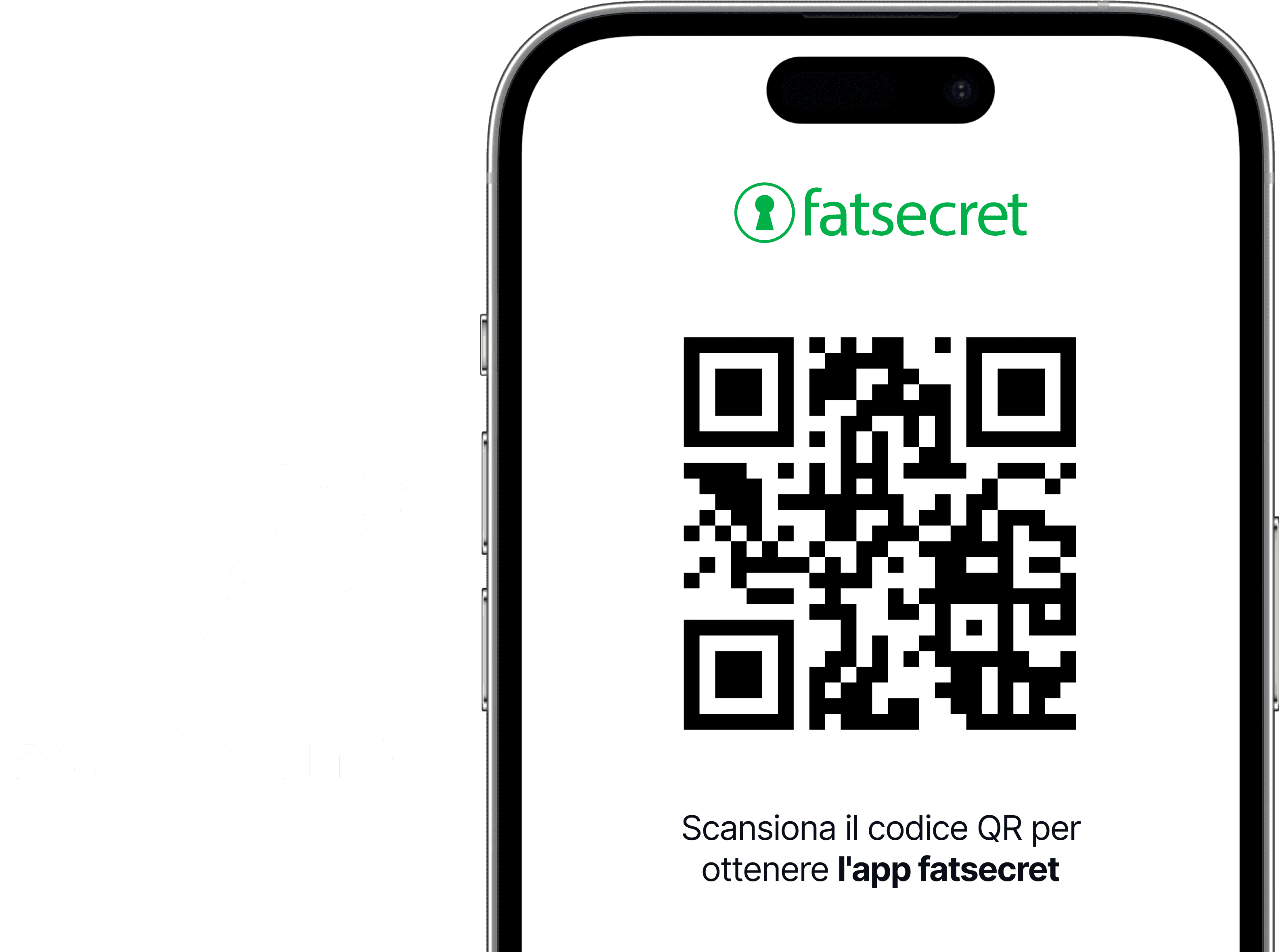 Schermo di uno smartphone che mostra un codice QR con il logo di fatsecret sopra e un testo che invita a scansionare il codice per scaricare l’app di fatsecret.