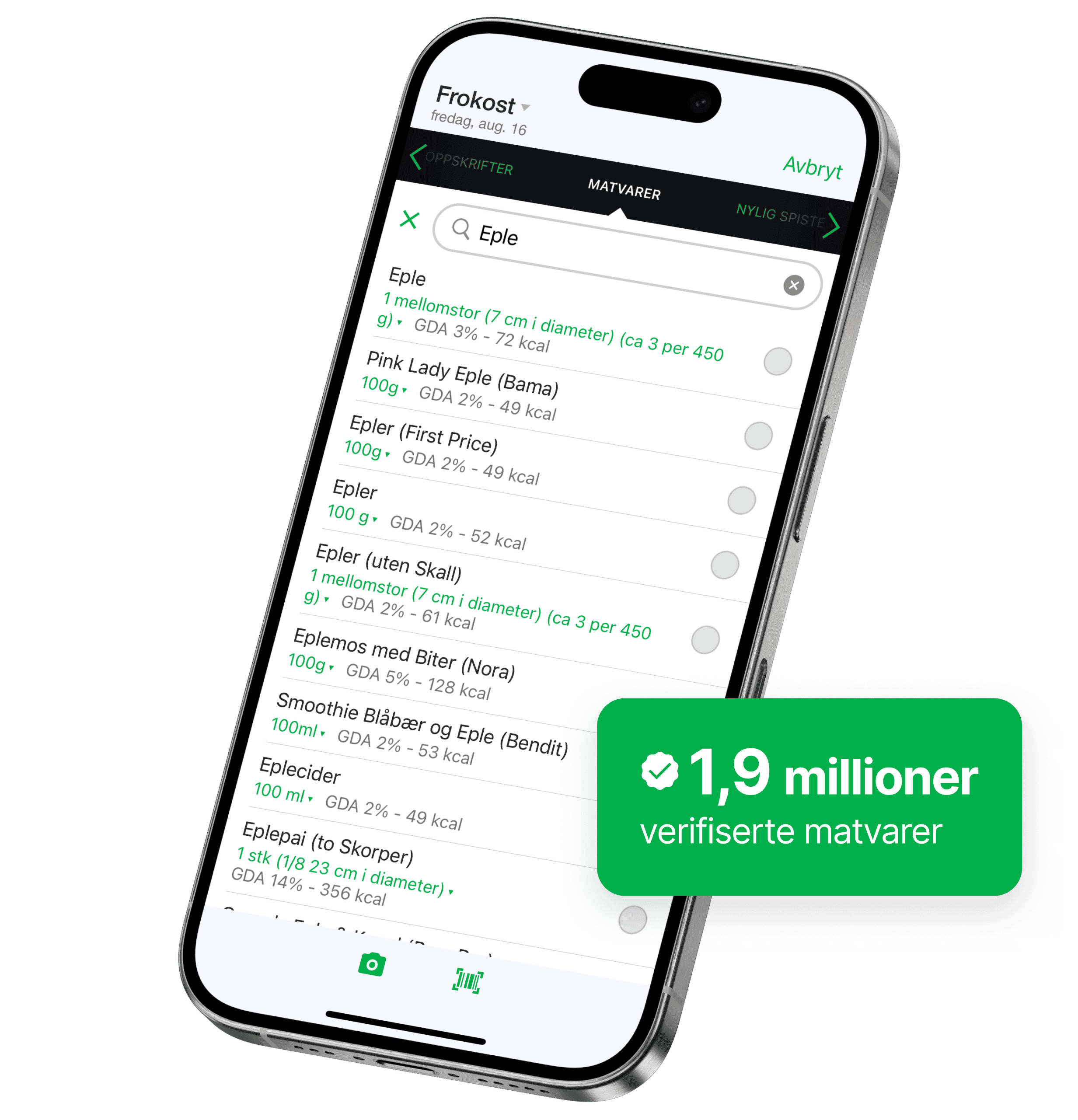En smarttelefonskjerm viser fatsecret-appens matsøkefunksjon med resultater for "Eple" og næringsinformasjon som porsjonsstørrelse og kalorier. Et grønt merke fremhever "1,9M verifiserte matvarer".
