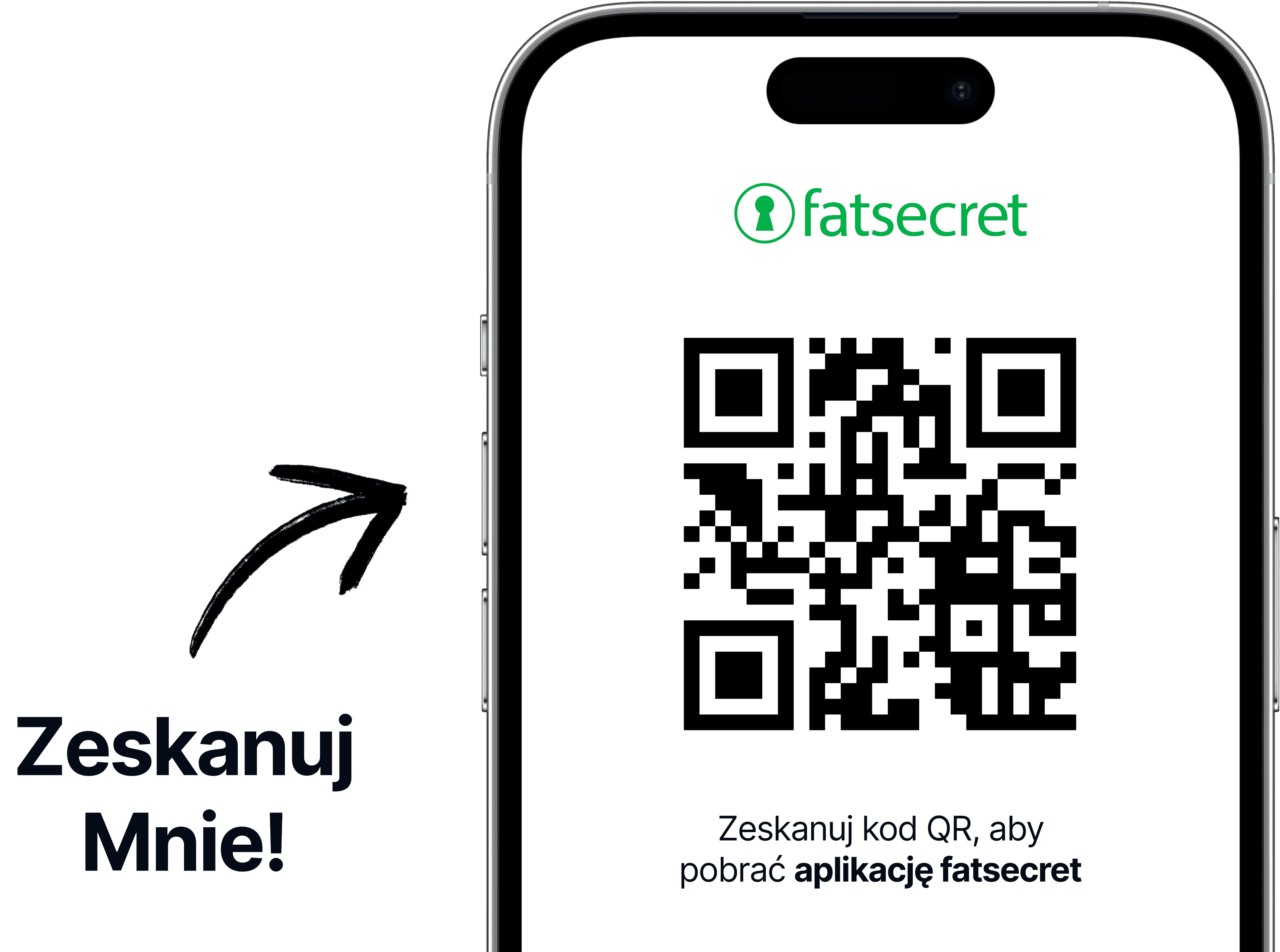 "Ekran smartfona z kodem QR i logo fatsecret powyżej oraz tekstem zachęcającym do zeskanowania kodu, aby pobrać aplikację fatsecret. "