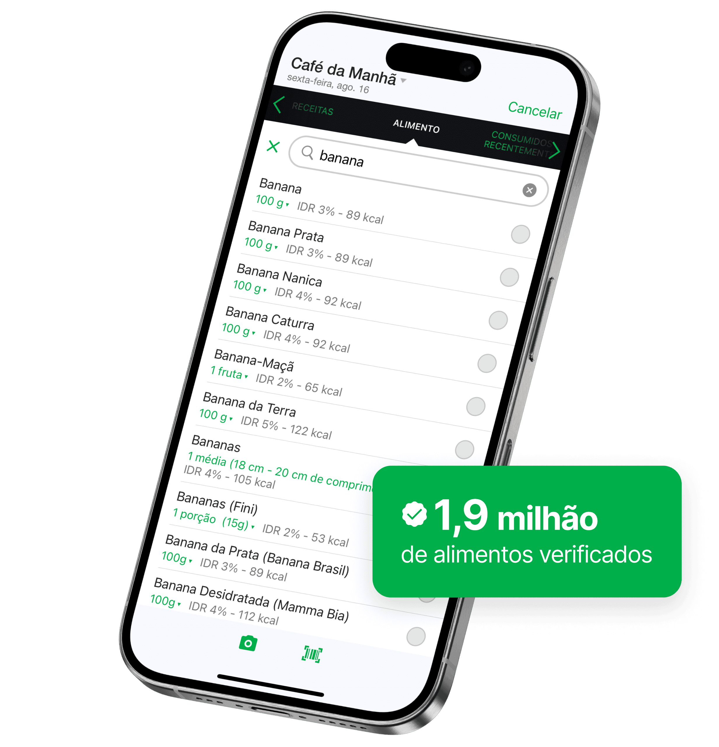 Tela de um smartphone exibindo a função de busca de alimentos do app fatsecret com resultados para "Maçã", mostrando dados como porção e calorias. Um selo verde destaca "1,9M de alimentos verificados".