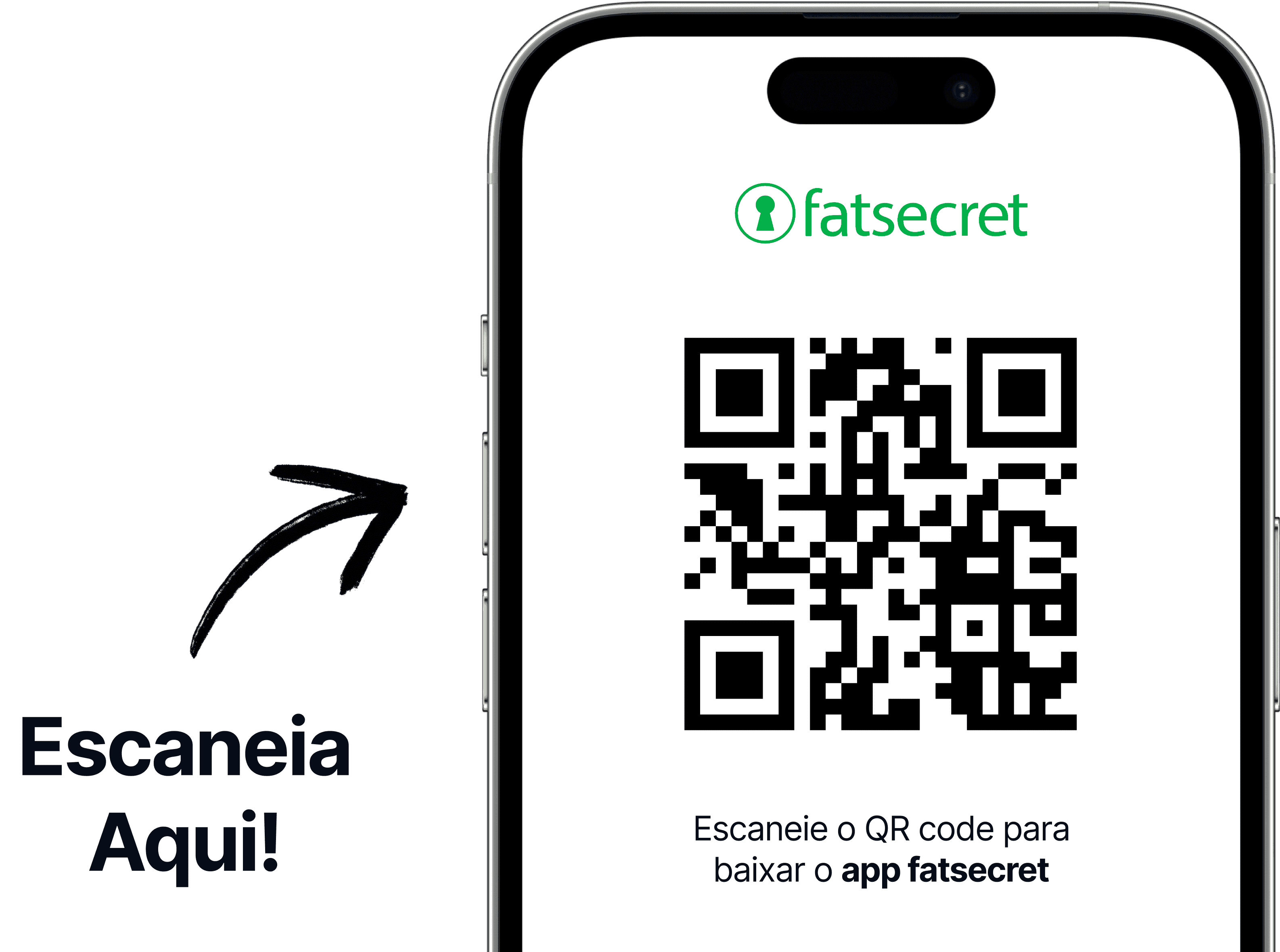 Tela de celular exibindo um código QR com o logo da fatsecret acima e um texto convidando a escanear o código para baixar o app da fatsecret.