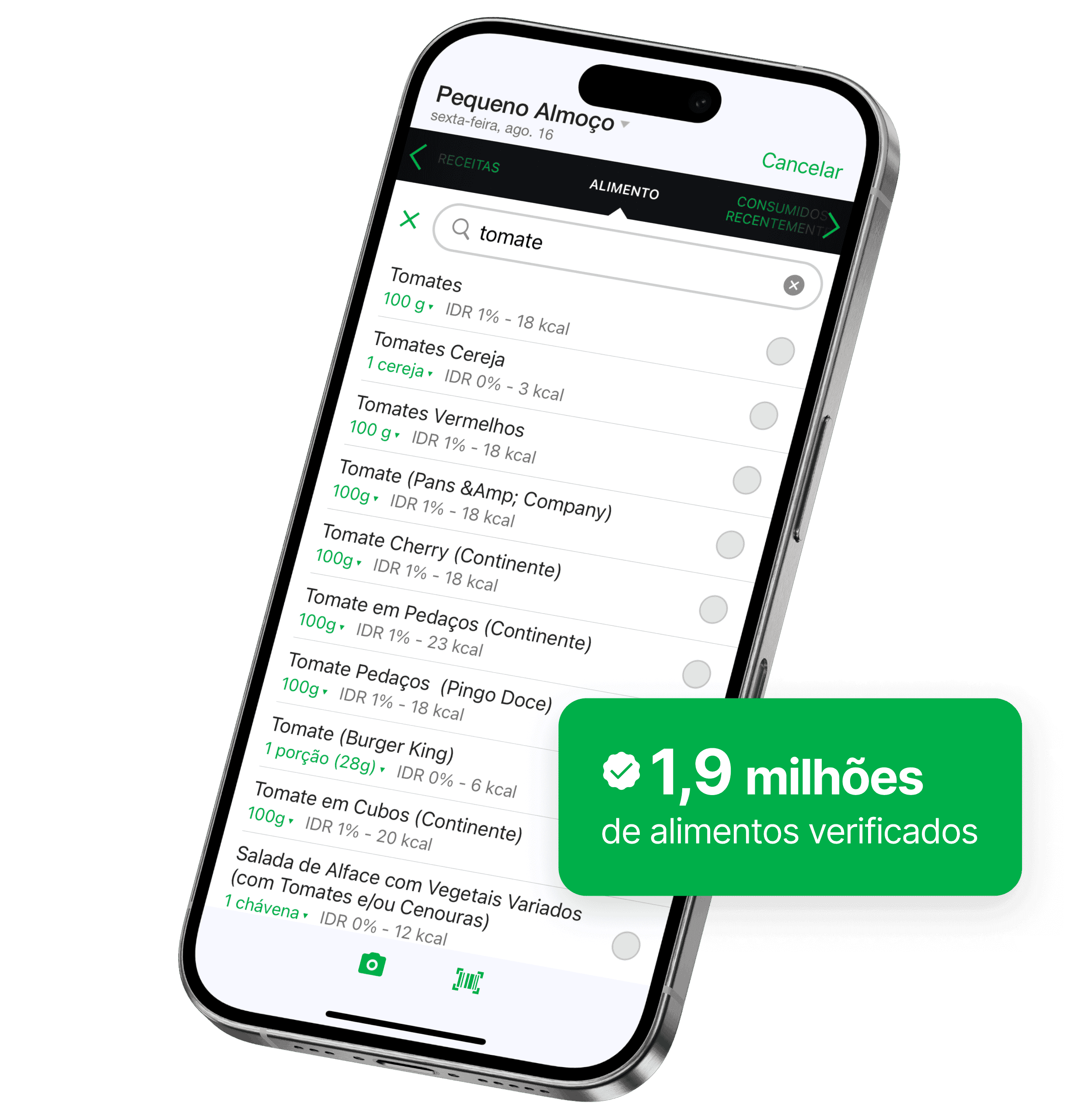 Ecrã de um smartphone a mostrar a pesquisa de alimentos da app fatsecret, com resultados para "Maçã" e dados nutricionais como porção e calorias. Um selo verde destaca "1,9M de alimentos verificados".