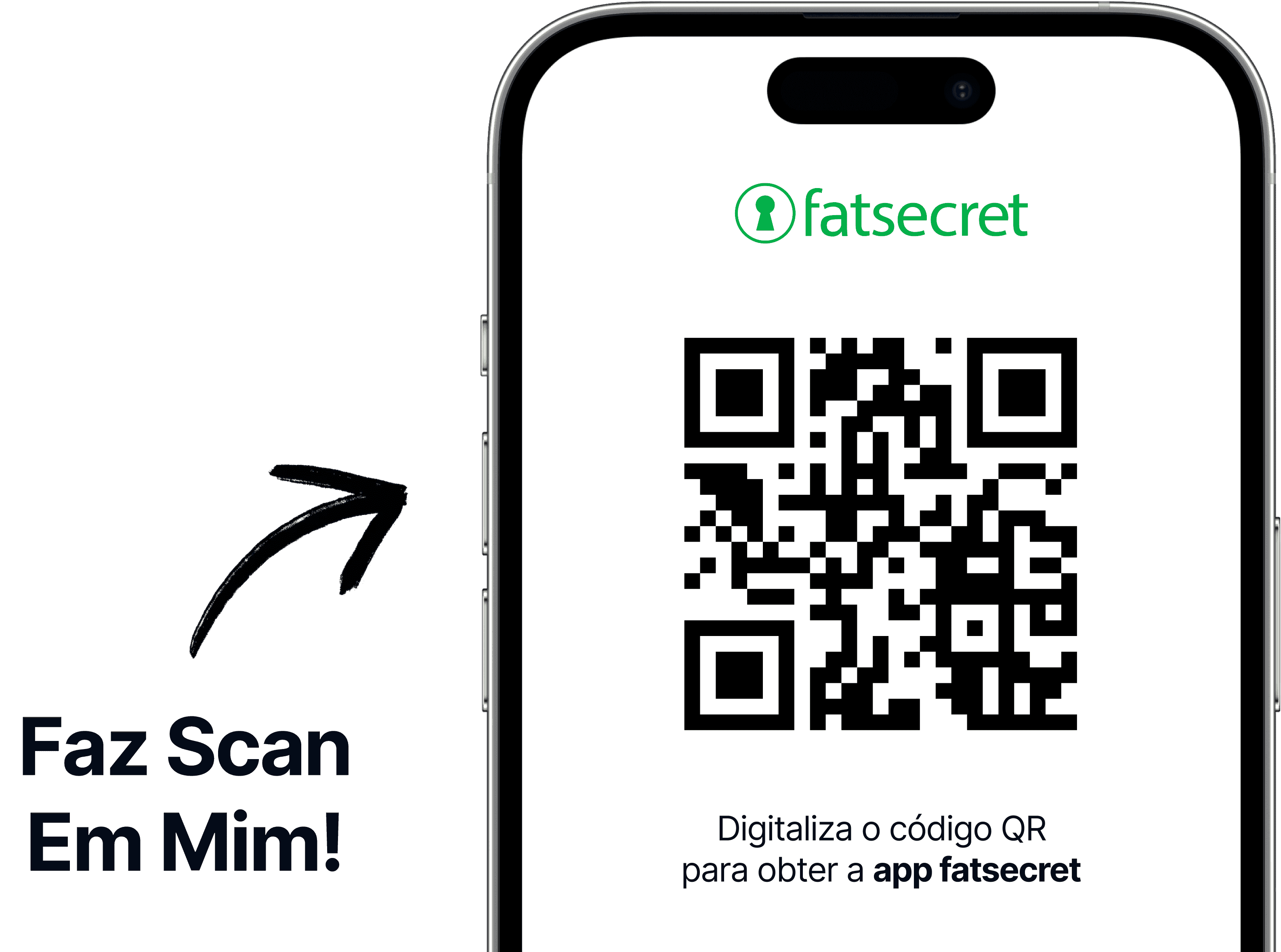 Ecrã de smartphone com um código QR e o logótipo da fatsecret por cima, com um texto a convidar a digitalizar o código para obter a app da fatsecret.