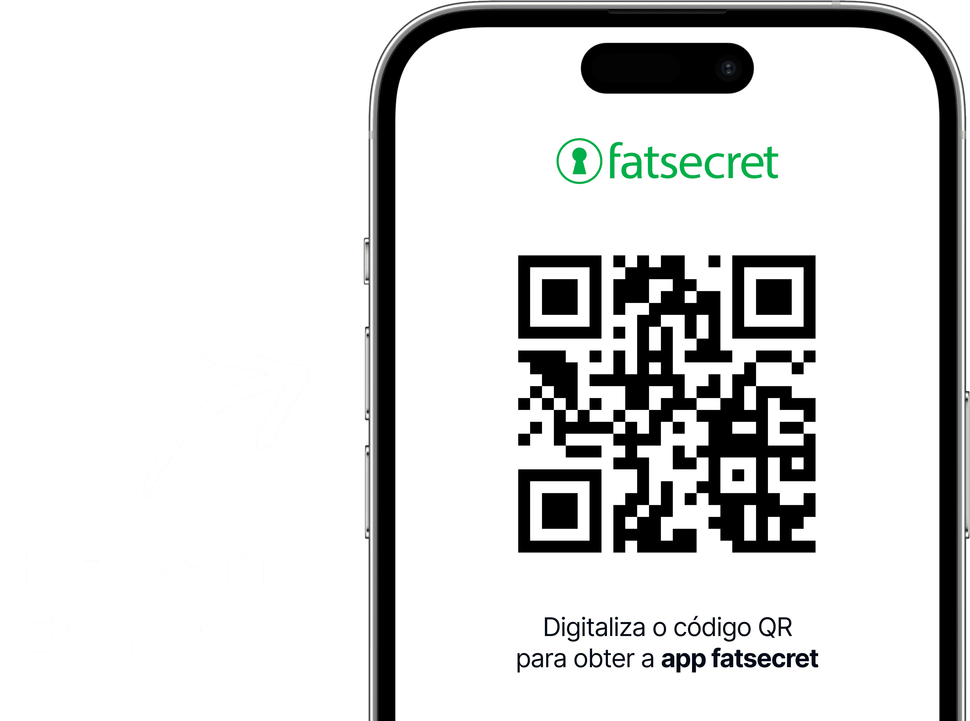 Ecrã de smartphone com um código QR e o logótipo da fatsecret por cima, com um texto a convidar a digitalizar o código para obter a app da fatsecret.