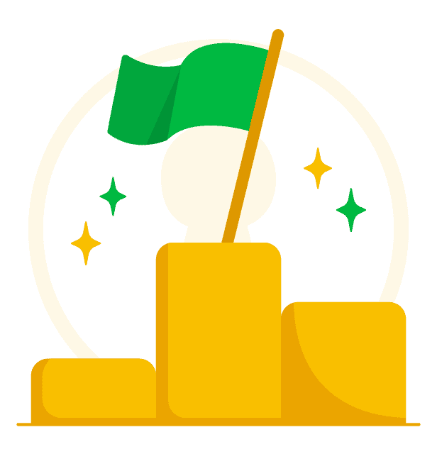 Ilustracja złotego podium z zieloną flagą i gwiazdkami, w tle rozmyte logo fatsecret.