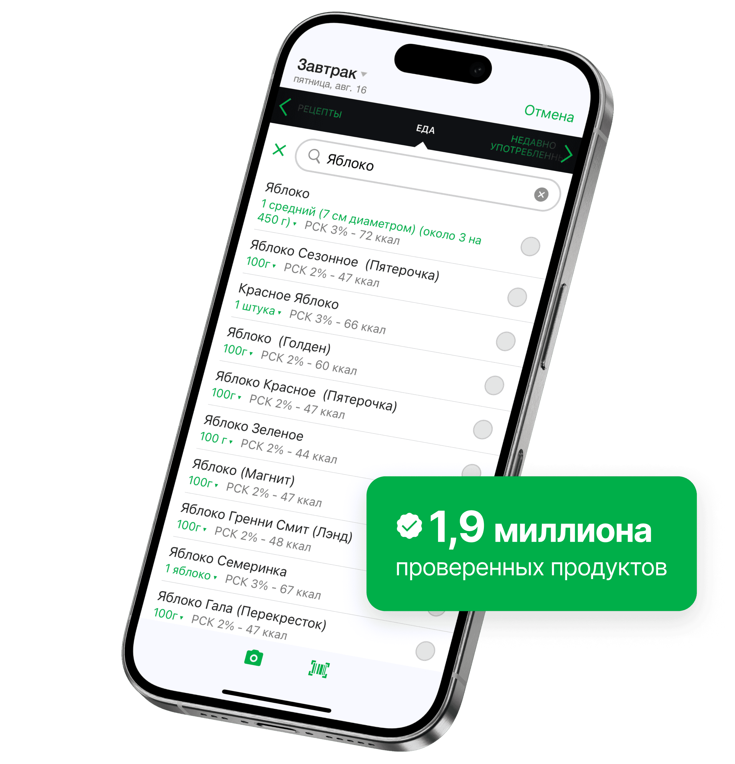 Экран смартфона показывает функцию поиска продуктов в приложении fatsecret с результатами по запросу «Яблоко» и информацией о порции и калориях. Зелёный значок выделяет «1,9 млн проверенных продуктов».