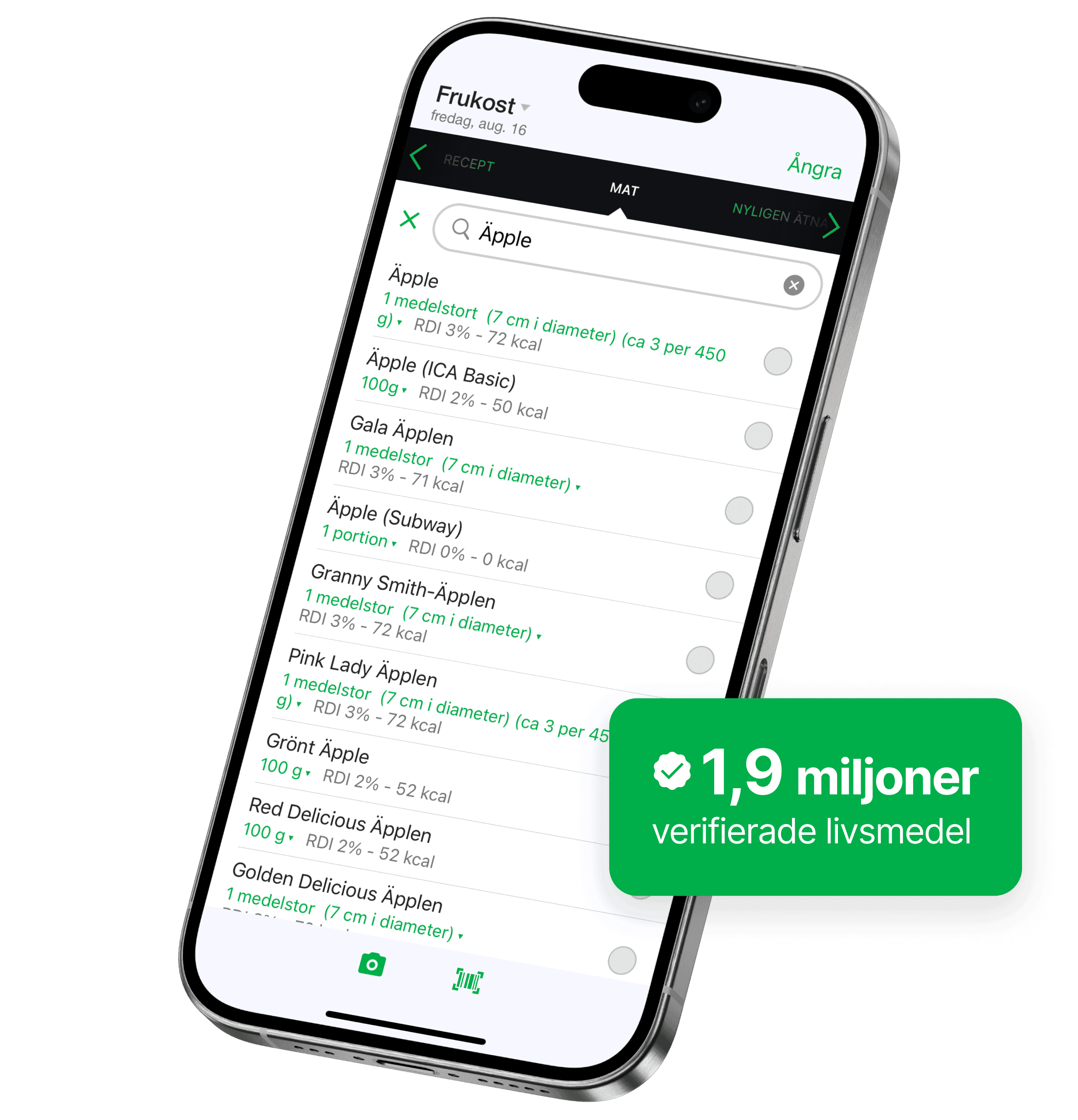 En smartphoneskärm visar mat sökfunktionen i fatsecret-appen, med resultat för "Äpple" och näringsinformation som portionsstorlek och kalorier. Ett grönt märke visar "1,9M verifierade livsmedel".