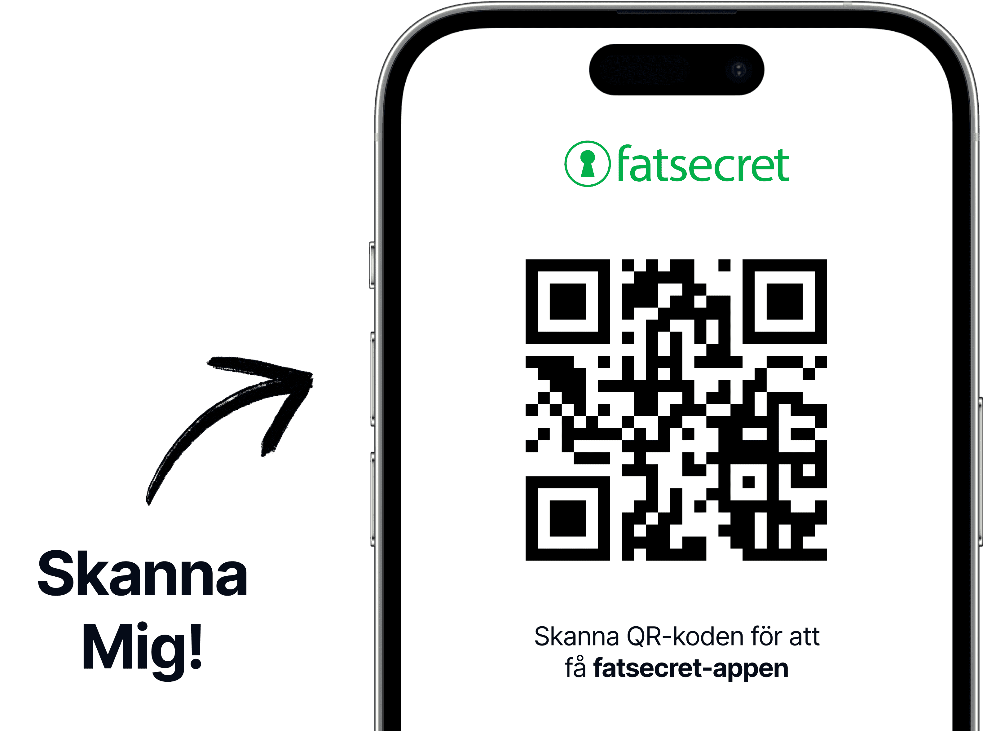 Smartphone-skärm som visar en QR-kod med fatsecret-loggan ovanför och text som uppmanar användaren att skanna koden för att ladda ner fatsecret-appen.