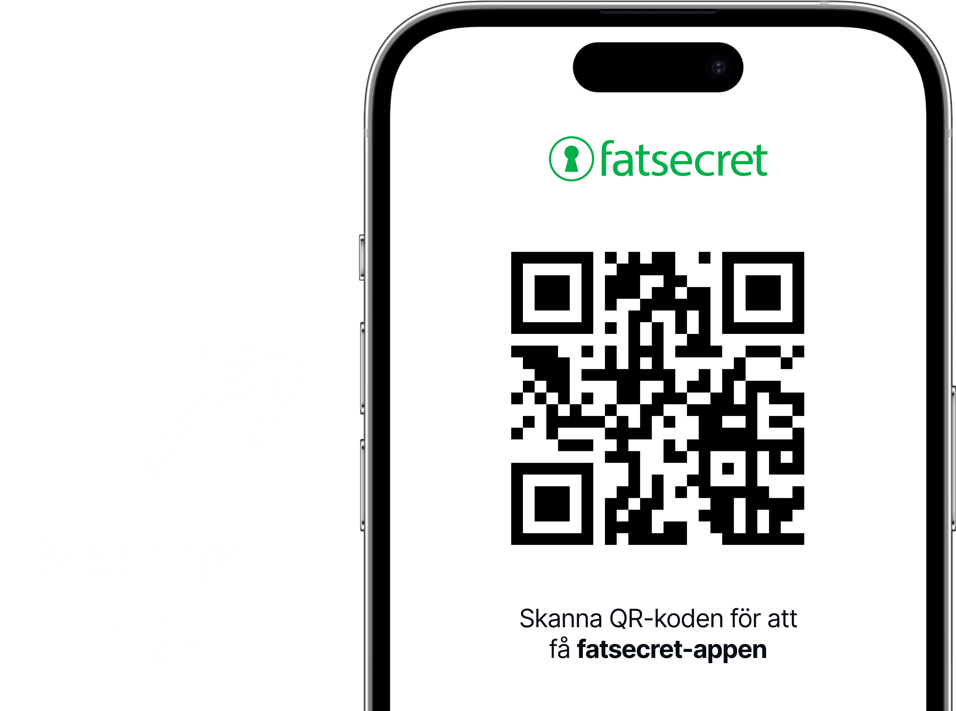 Smartphone-skärm som visar en QR-kod med fatsecret-loggan ovanför och text som uppmanar användaren att skanna koden för att ladda ner fatsecret-appen.