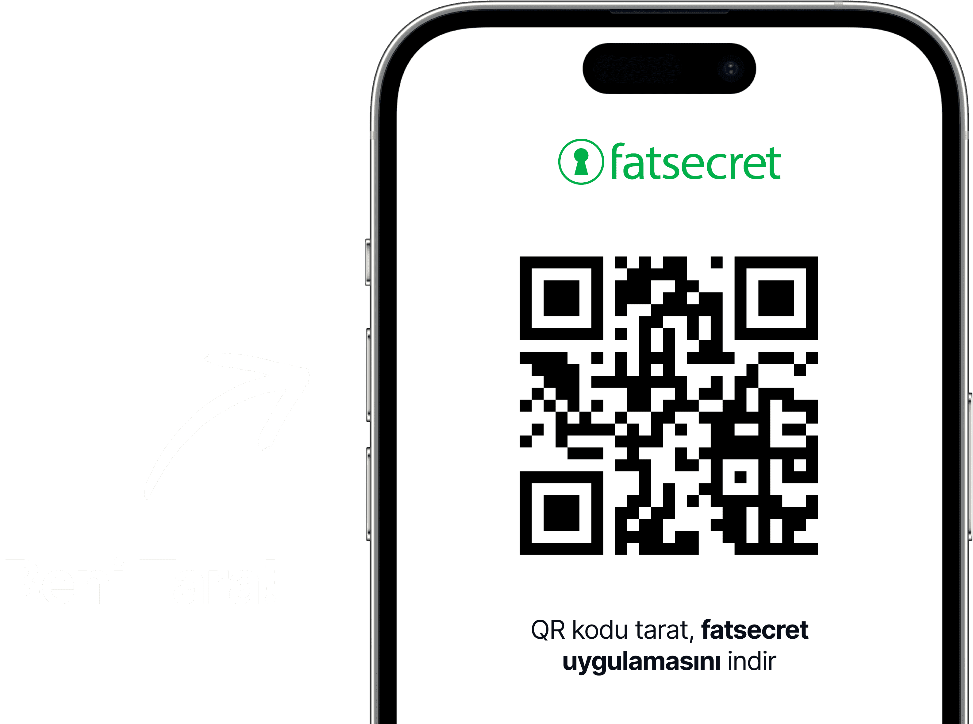 Üstünde fatsecret logosu olan ve kullanıcıları uygulamayı indirmek için QR kodu taramaya yönlendiren bir yazıyla birlikte QR kod gösteren bir telefon ekranı.